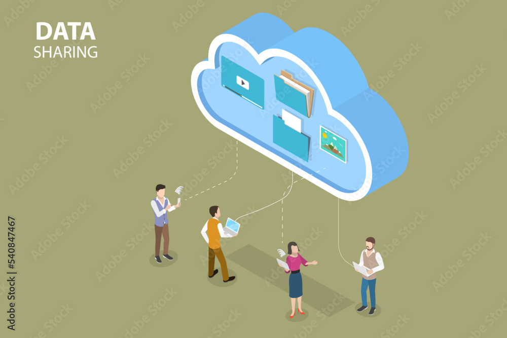 Poster 3d isometric flat vector conceptual illustration of data sharing, information exchange and file tran