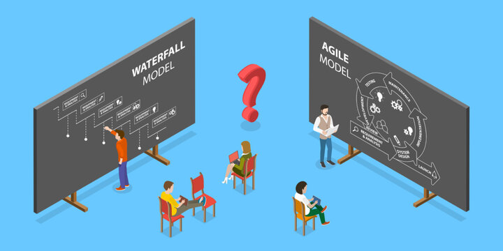 3D Isometric Flat Vector Conceptual Illustration of Agile Vs Waterfall , Software Develpment Metodologies