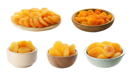 Set with tasty dried apricots on white background. Banner design