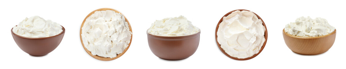 Set with tasty cream cheese on white background. Banner design