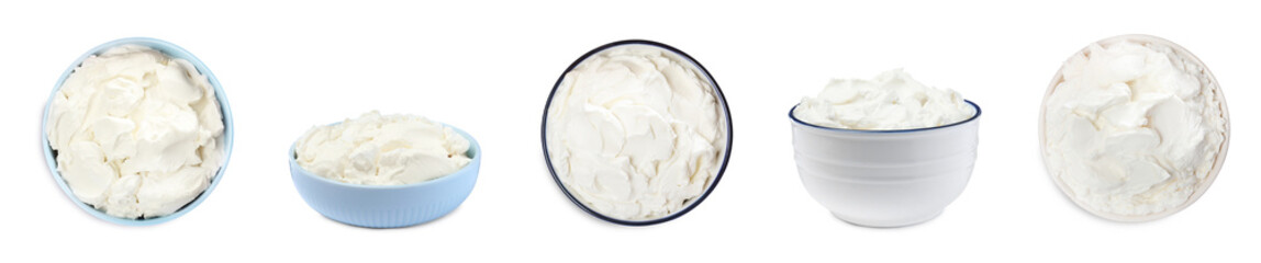 Set with tasty cream cheese on white background. Banner design