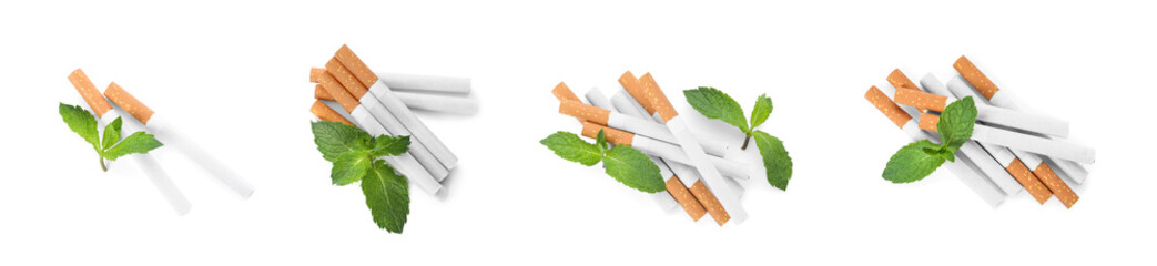 Set with menthol cigarettes and fresh mint leaves on white background, top view. Banner design