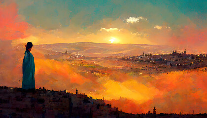 fantasy morning Izrael landscape, neural network generated art. Digitally generated image. Not based on any actual scene or pattern. - obrazy, fototapety, plakaty