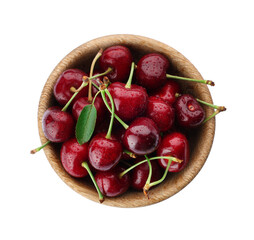 Tasty ripe sweet cherries in wooden bowl on white background, top view