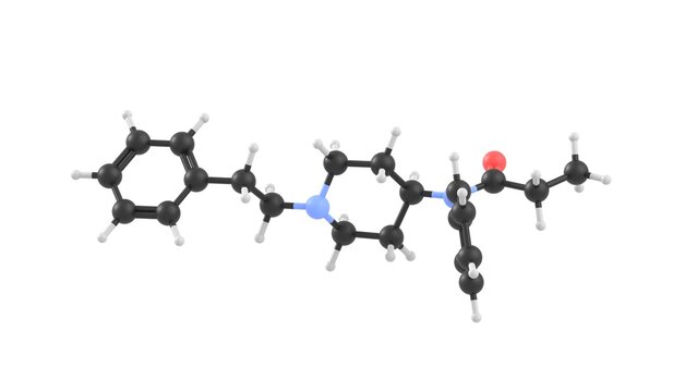 Fentanyl Molecule Structure 3d Representation. Addictive Opioid Drug, Can Cause Overdose To Junks, Social Problem Of Addiction