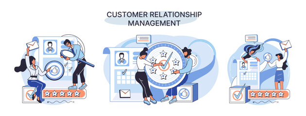 CRM metaphor. Customer Relationship Management. Application software for organizations automatisation of customer interaction strategies to increase sales, optimize marketing, improve customer service