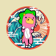 dino illustration with japanese style for kaijune event, notebook, logo