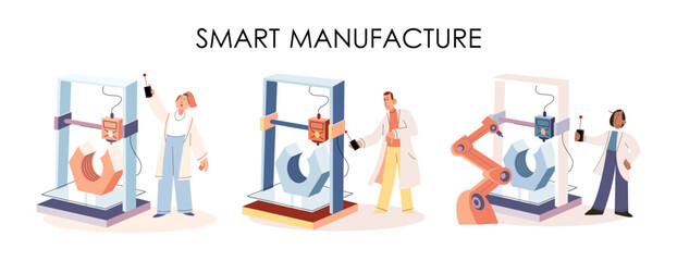 Manufacturing process industry. Scientist robot assembling products. Smart manufacture, automation development metaphor. Smart industry product design, automated production, robots and machinery 4.0