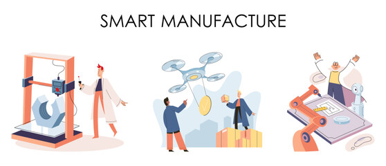 Manufacturing process industry. Scientist robot assembling products. Smart manufacture, automation development metaphor. Smart industry product design, automated production, robots and machinery 4.0