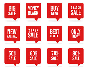 Set of red price tags. Promotional sale badge and retail paper stickers.