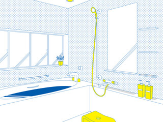 青と黄色のポップなバスルーム　ベクターイラストレーション