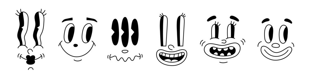 Retro 30s characters mascot, comic faces expression of the 50s, 60s. Quirky eyes and mouths cartoon animation in funny style, vintage avatars vector background
