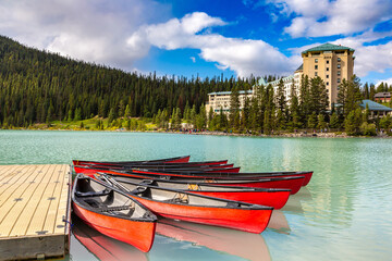 Canoes on Lake Louise, Banff