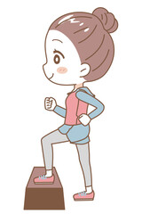 An illustration of a woman who climbs up and down a step, full-body view.