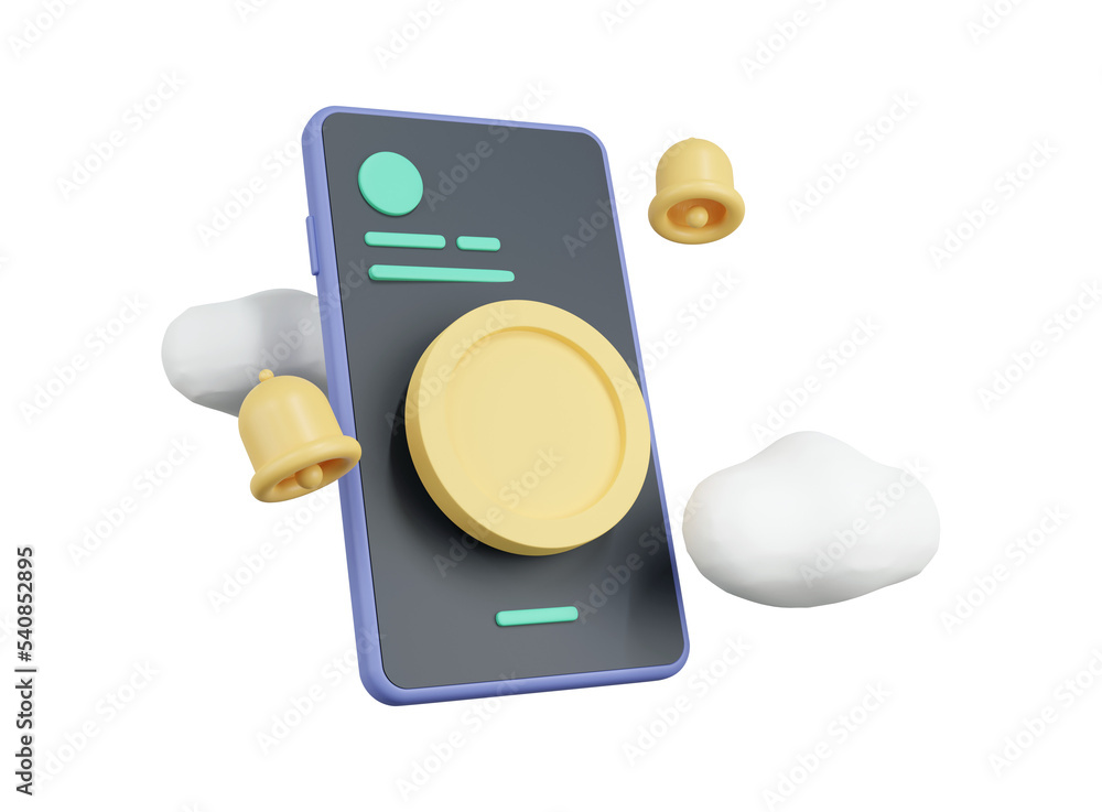 Poster money wallet on mobile with 3d coin, smartphone and bell. 3d rendering. mobile banking and online wa