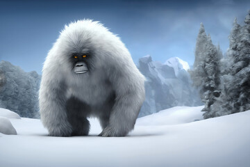 Yeti or Abominable Snowman - White Fur brother to Bigfoot Monster in a Blizzard - 3D Illlustration - obrazy, fototapety, plakaty