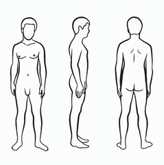 illustrations of male teenager with simples outline front, side and back view. Vector drawing isolated on white background.