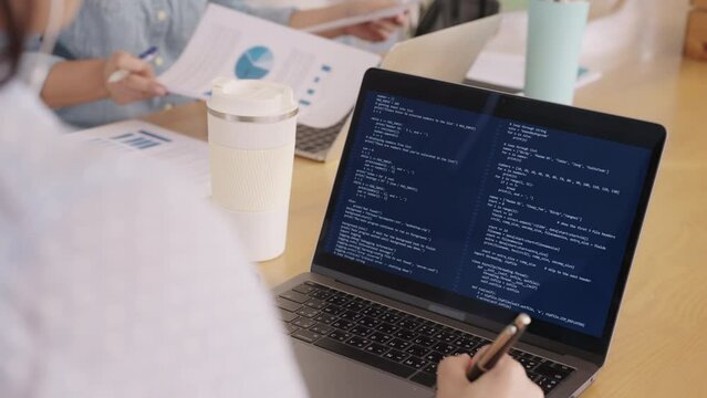 Digital transformation future workforce. Asia people young talent woman busy talk phone call work at hybrid office reskill upskill martech remote job write code on AI cyber security cloud computing.
