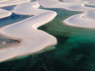 Drone view of dune with lagoons, Lençois Maranhenses, Brazil 