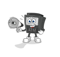 ATM machine holding hand loudspeakers vector. cartoon character