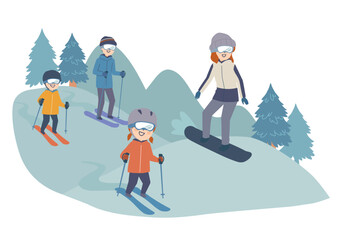 スキーをする家族のイラスト