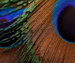 Peafowl feather macro. Peacock feather closeup, feather closeup. Beautiful bird feather. Colorful...