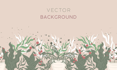 Colored background with different plants and leaves Vector illustration