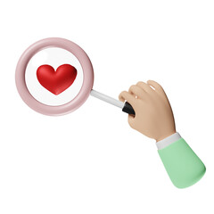 hand holding magnifying glass with red heart isolated. health love or world heart day concept, 3d illustration or 3d render