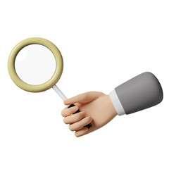 businessman hand holding yellow magnifying glass isolated. 3d illustration or 3d render
