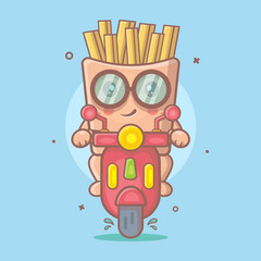 smart french fries food character mascot riding scooter motorcycle isolated cartoon in flat style design