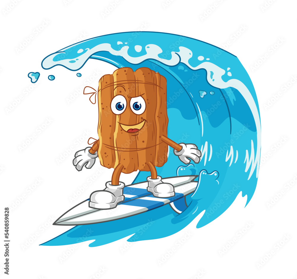 Sticker cinnamon surfing character. cartoon mascot vector