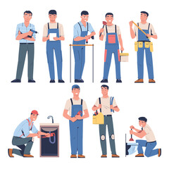 Plumber and Repairman in Blue Uniform with Tool and Instrument Working and Fixing Vector Set