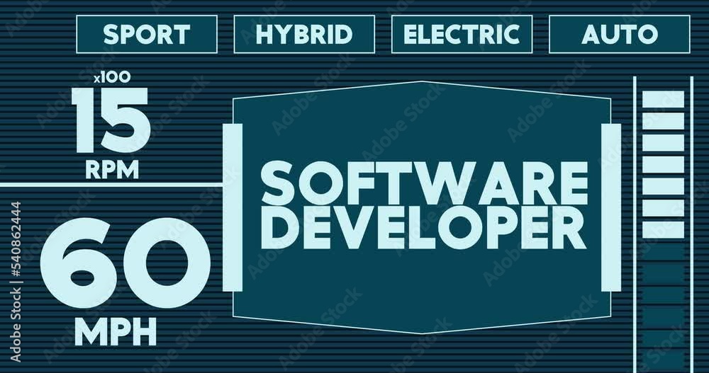 Poster futuristic car dashboard with software developer text. digital graphical user interface animation.