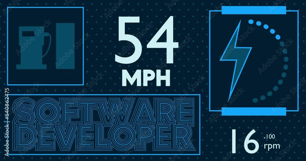 Poster hybrid car dashboard with software developer text. digital graphical user interface animation.