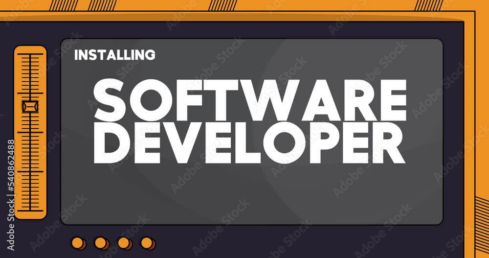 Poster Cartoon Computer With the word Software Developer. Video message of a screen displaying an installation window.