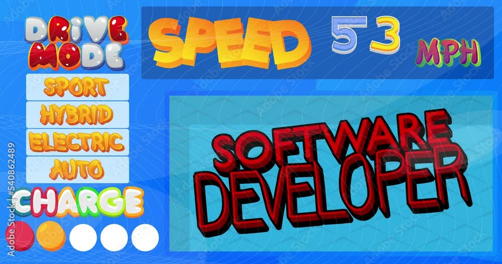 Poster cartoon car dashboard with software developer text. digital graphical user interface animation.