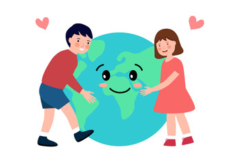 Kids hugging earth planet in flat design on white background. Save the planet concept vector illustration.
