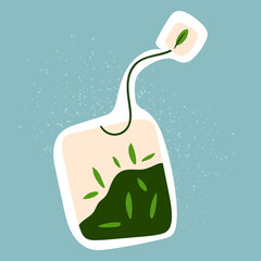 Vector tea bag with herb in doodle style. Isolated cartoon green tea time sticker