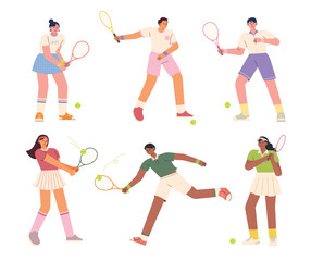 Fototapeta na wymiar Players in stylish tennis jerseys are swinging with rackets. flat vector illustration.