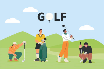 People in golf uniforms standing or sitting on the golf field. flat vector illustration.