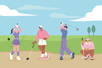 Fototapeta premium People wearing golf jerseys and holding clubs are posing for a swing. flat vector illustration.