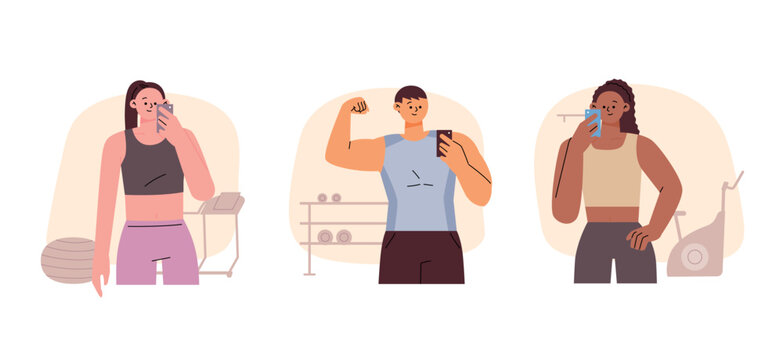People are exercising and taking selfies in the fitness center. flat vector illustration.