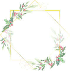 watercolor christmas leaf and red berry wreath with golden frame glitter