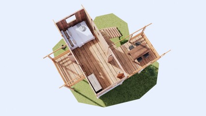 house in the form of a house,  Wooden country house or farm house. The Beautiful wooden house with a law  for the confidence man or lovely family. 3d rendering  03