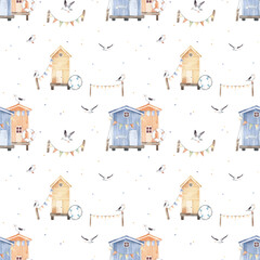 Watercolor hand drawn seamless pattern with colorful illustration of cute small beach huts, striped cabins, flags, seagulls, lifebuoy. Summer marine, sea coast elements isolated on white background.