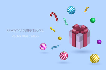 Gift box with Christmas ornaments in greeting season. Merry Xmas and happy new year concept for template, poster, or card. 3D realistic vector.