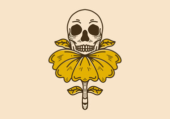 Vintage art illustration of a skull on the flower