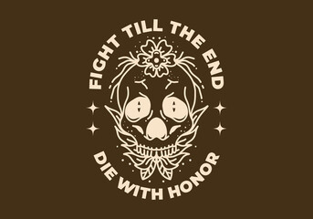 Vintage art illustration of a skull with flower plant around it