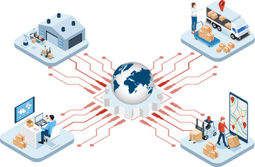 3D isometric Global logistics network concept with Transportation operation service, Export, Import, Cargo, Air, Road, Maritime delivery. PNG illustration
