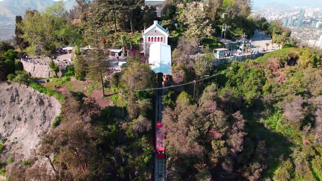 Aerial view of the new Santiago funicular arriving at the summit sector or Virgin viewpoint 